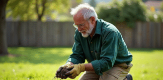 Homme jardinier examinant la terre dans un jardin suburbain