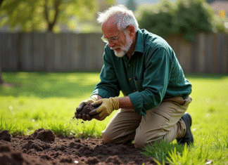 Meilleure terre pour faire pousser du gazon : conseils d’expert jardinage Homme jardinier examinant la terre dans un jardin suburbain