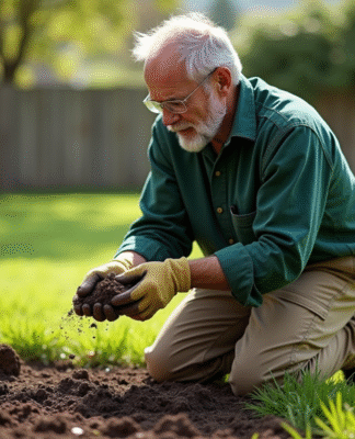 Homme jardinier examinant la terre dans un jardin suburbain