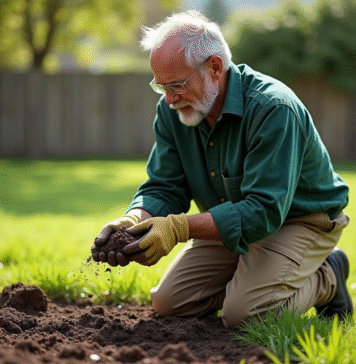 Homme jardinier examinant la terre dans un jardin suburbain
