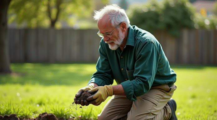 Homme jardinier examinant la terre dans un jardin suburbain