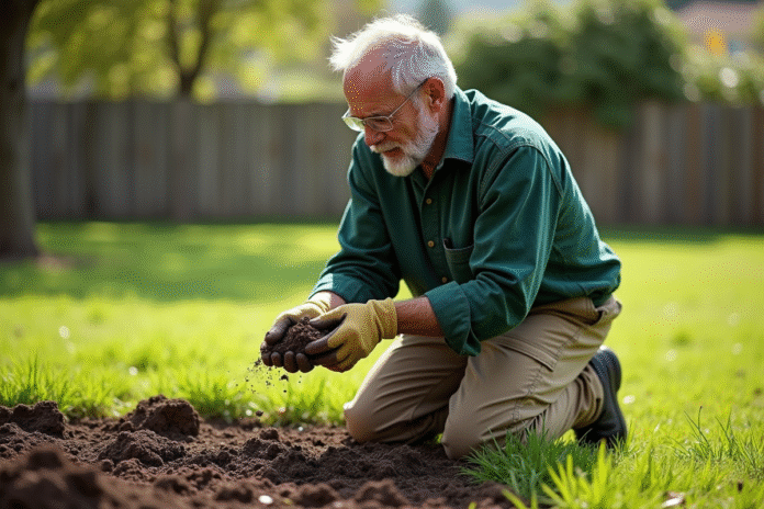 jardinier-sol-terre Homme jardinier examinant la terre dans un jardin suburbain