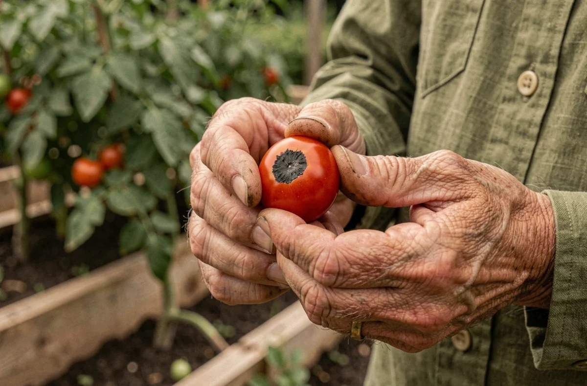 Mains de jardinier tenant une tomate cerise avec une tache noire apicale dans un potager
