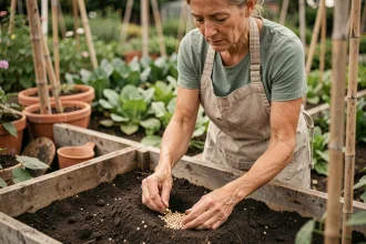 Jardinière bio semant des haricots en pleine terre selon le calendrier lunaire descendant