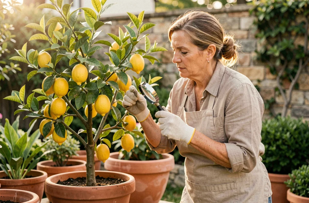 Jardinière inspectant un citronnier bio en pot dans un jardin pour détecter des maladies à taches marron