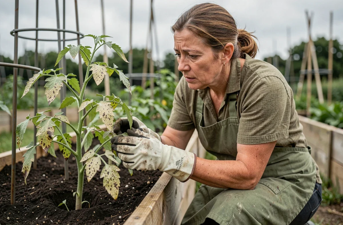Jardinière inspectant des feuilles de tomates blanchies après application de bouillie bordelaise au potager
