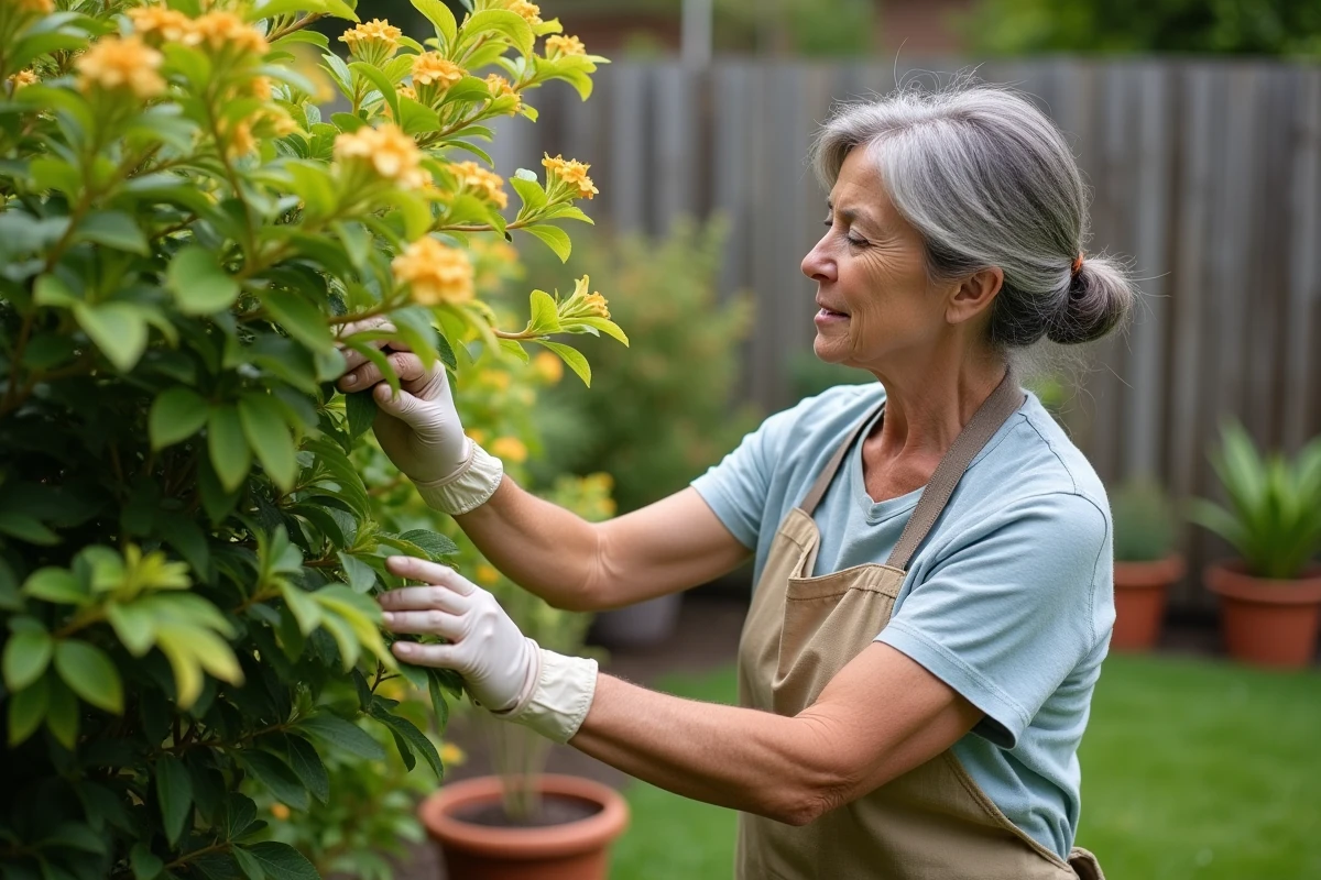 Jardinière inspectant les feuilles jaunes d'un laurier rose dans un jardin résidentiel
