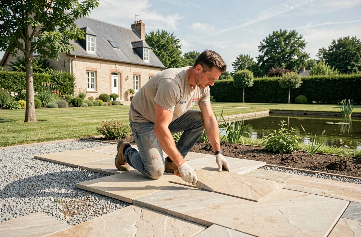 Paysagiste posant des dalles en pierre naturelle dans un jardin résidentiel de l'Ain avec une ferme typique de la Dombes en arrière-plan