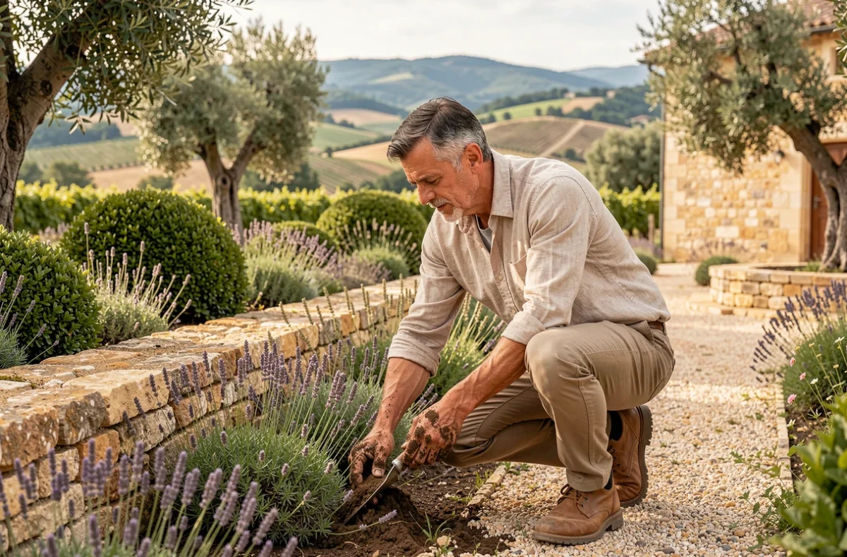 Jardins Paysages Luberon : paysagiste créateur plantant de la lavande dans un jardin de mas provençal avec vue sur le Luberon