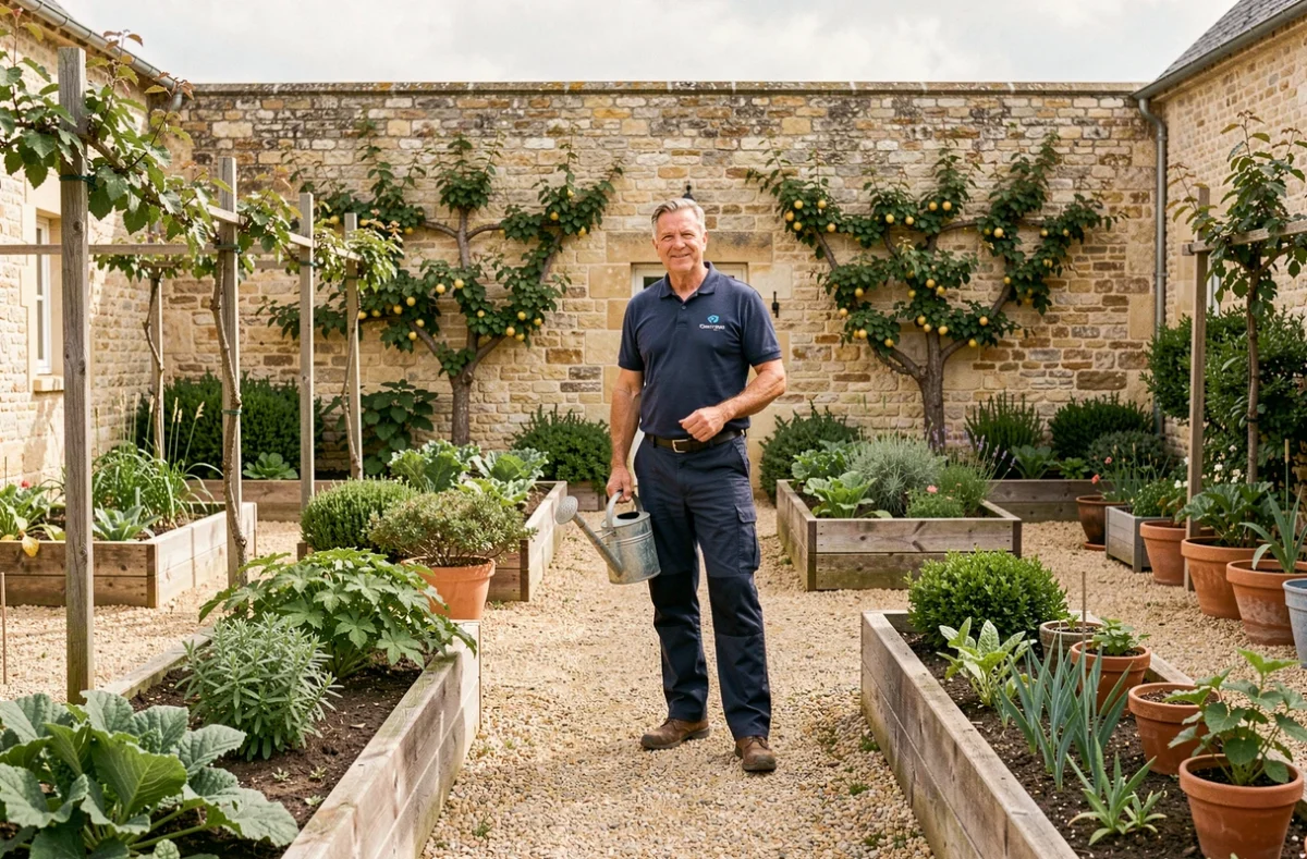 Paysagiste Jardins Y. Courtey dans un potager ornemental bien entretenu avec arbres fruitiers palissés en Charente-Maritime