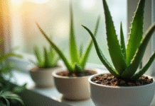 Aloe vera fraîche en pot minimaliste dans une fenêtre urbaine