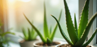 Aloe vera fraîche en pot minimaliste dans une fenêtre urbaine