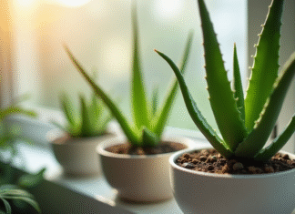 Aloe vera fraîche en pot minimaliste dans une fenêtre urbaine