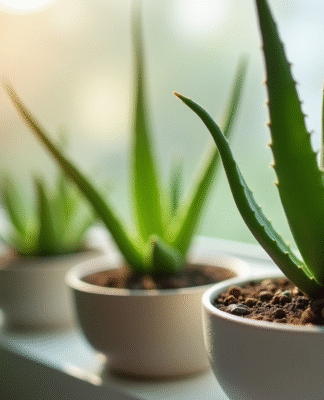 Aloe vera fraîche en pot minimaliste dans une fenêtre urbaine