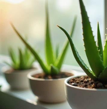 Aloe vera fraîche en pot minimaliste dans une fenêtre urbaine