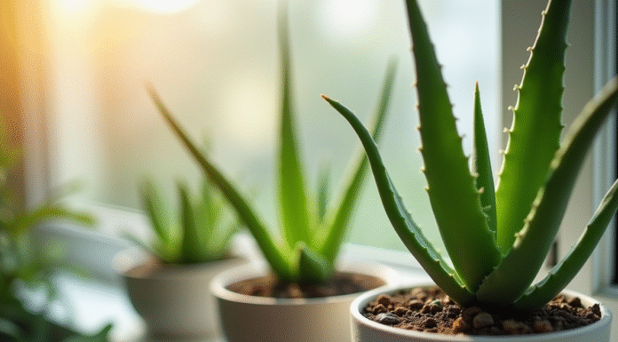 Aloe vera fraîche en pot minimaliste dans une fenêtre urbaine