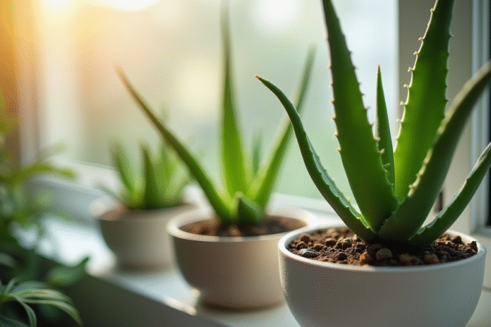 jeune-aloevera-pot-cramique Aloe vera fraîche en pot minimaliste dans une fenêtre urbaine