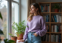 Jeune femme en pull lavande et jeans près d'une fenêtre