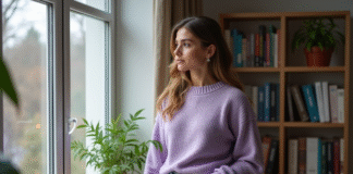 Jeune femme en pull lavande et jeans près d'une fenêtre