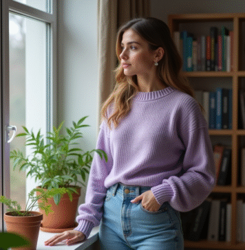Noémie Jeune femme en pull lavande et jeans près d'une fenêtre