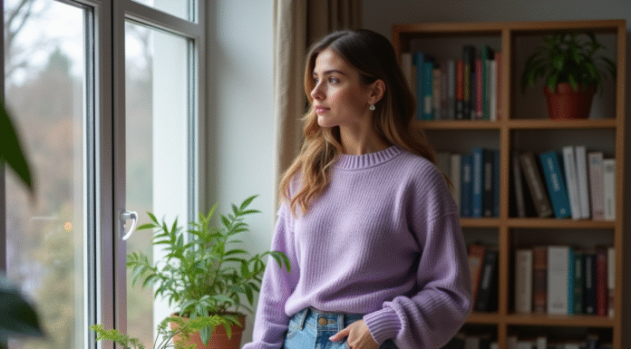 Jeune femme en pull lavande et jeans près d'une fenêtre