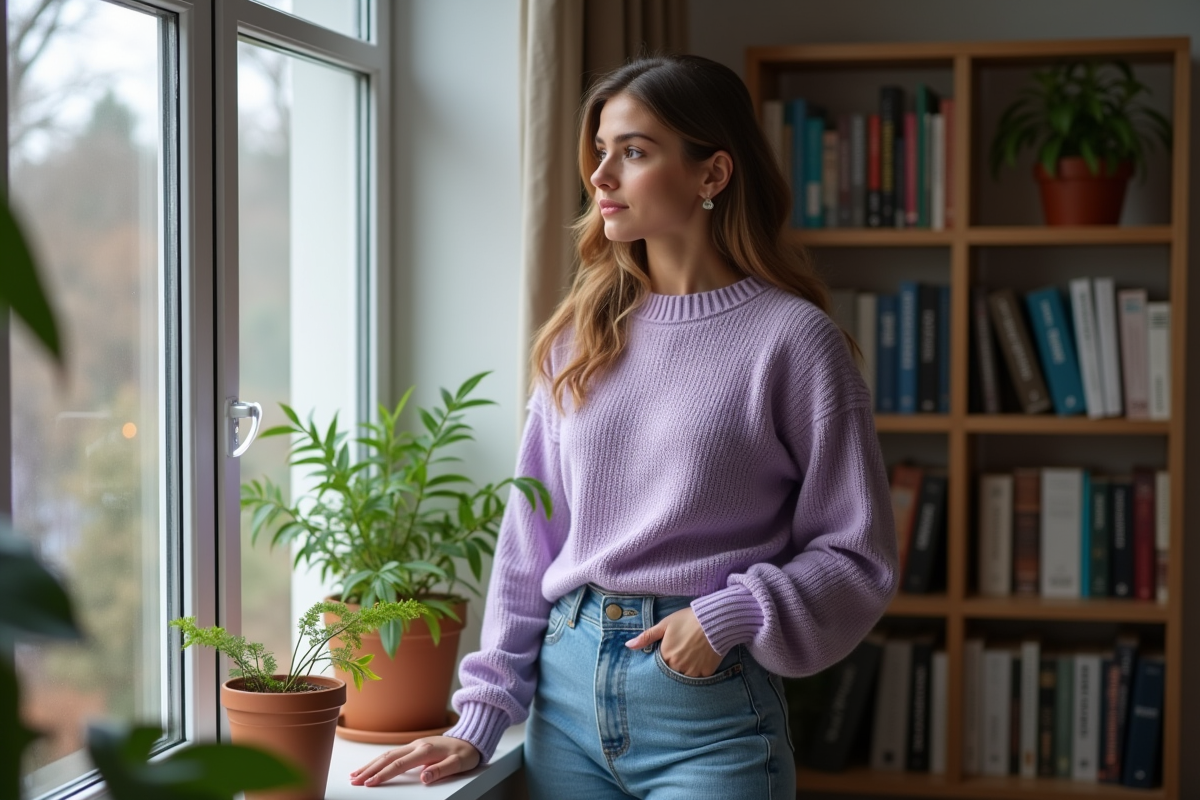 Jeune femme en pull lavande et jeans près d'une fenêtre