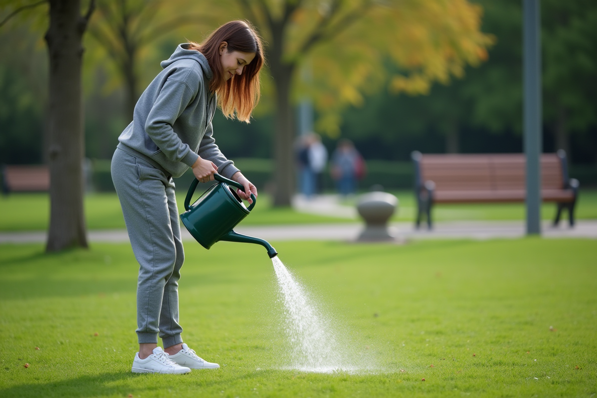 Jeune femme arrosant la pelouse dans un parc urbain