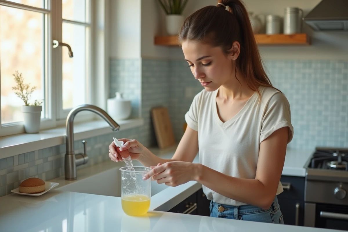 Jeune femme préparant insecticide dans la cuisine lumineuse