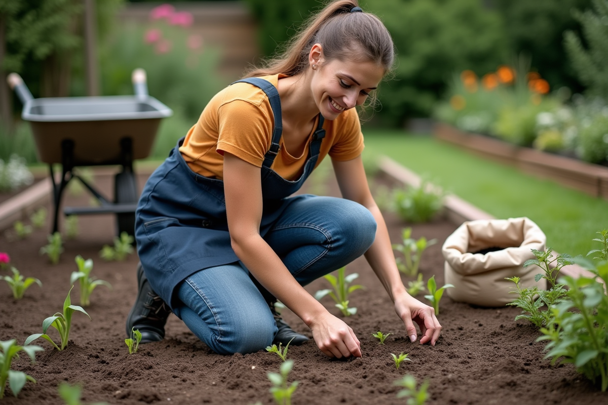 Jeune femme plantant des graines dans un jardin bien entretenu