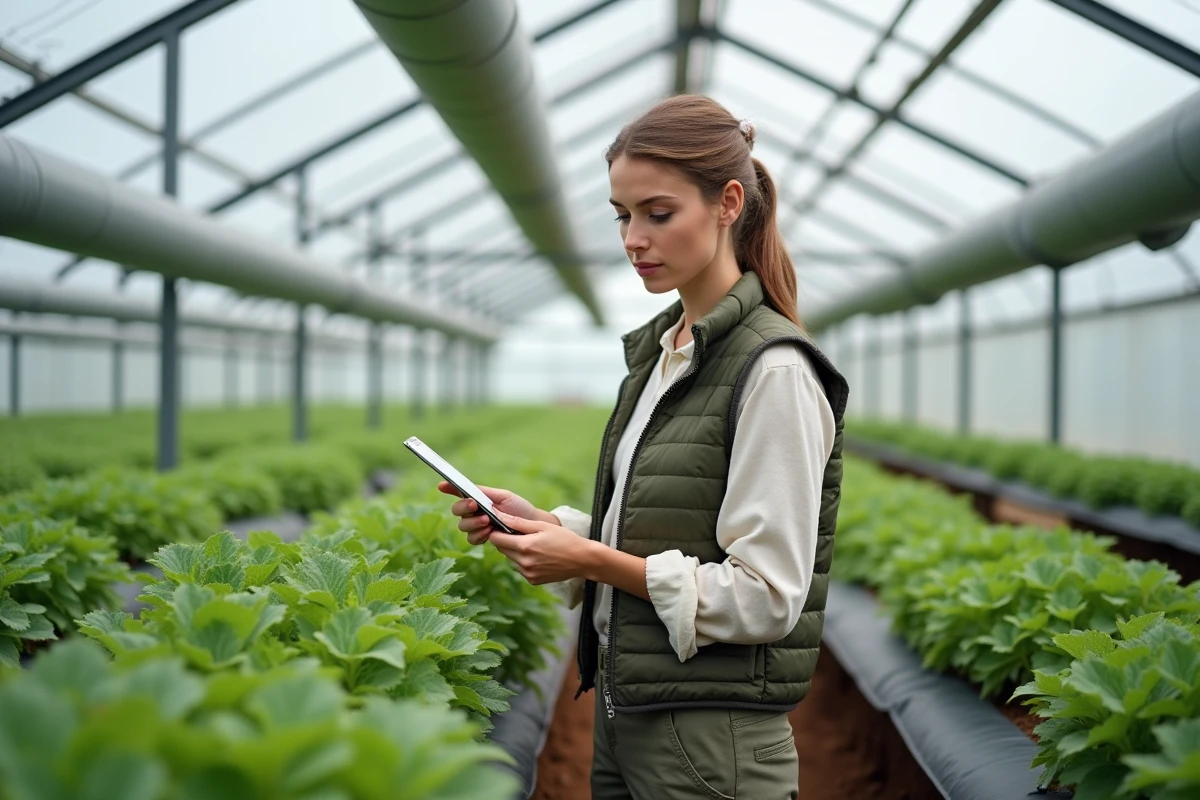 Jeune femme agricultrice examine des plants en serre