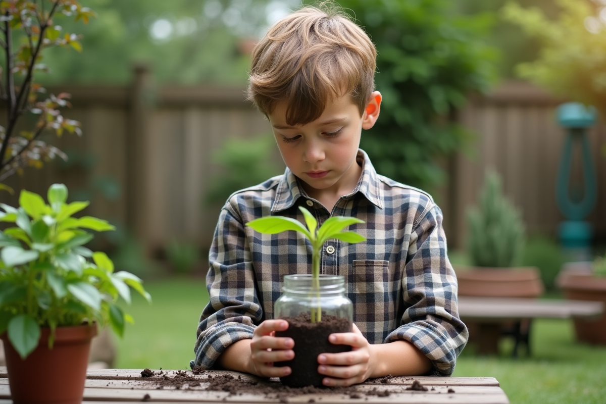 Adolescent tenant une plante avec racines dans un jardin