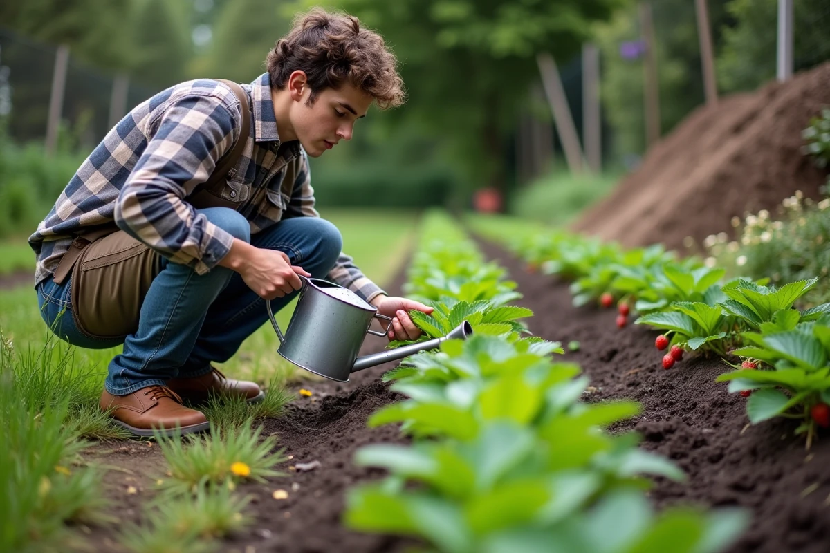 Jeune homme arrosant des plants de fraises dans le jardin