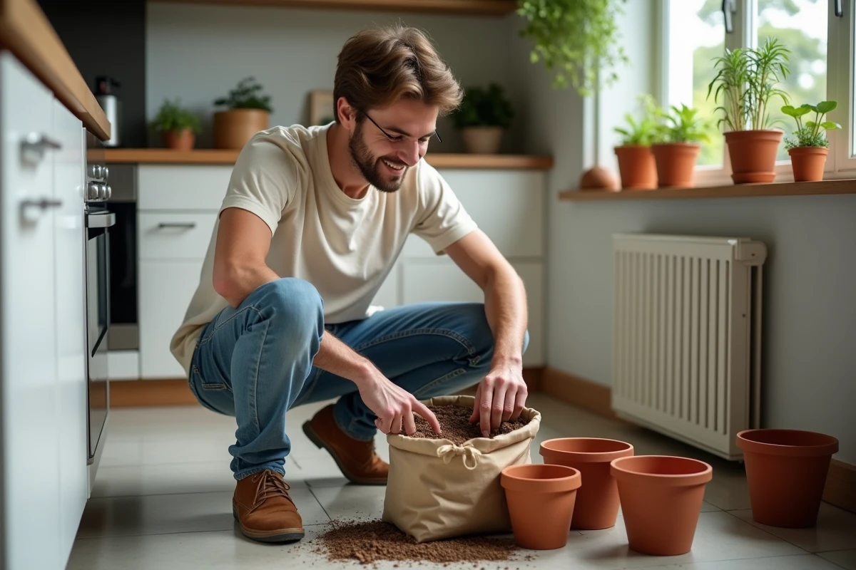 Jeune homme choisissant du terreau dans la cuisine