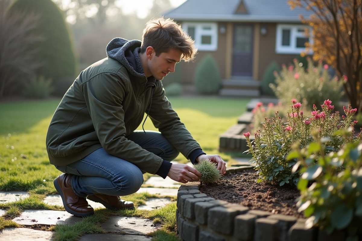 Jeune homme inspectant des plantes gelées dans le jardin