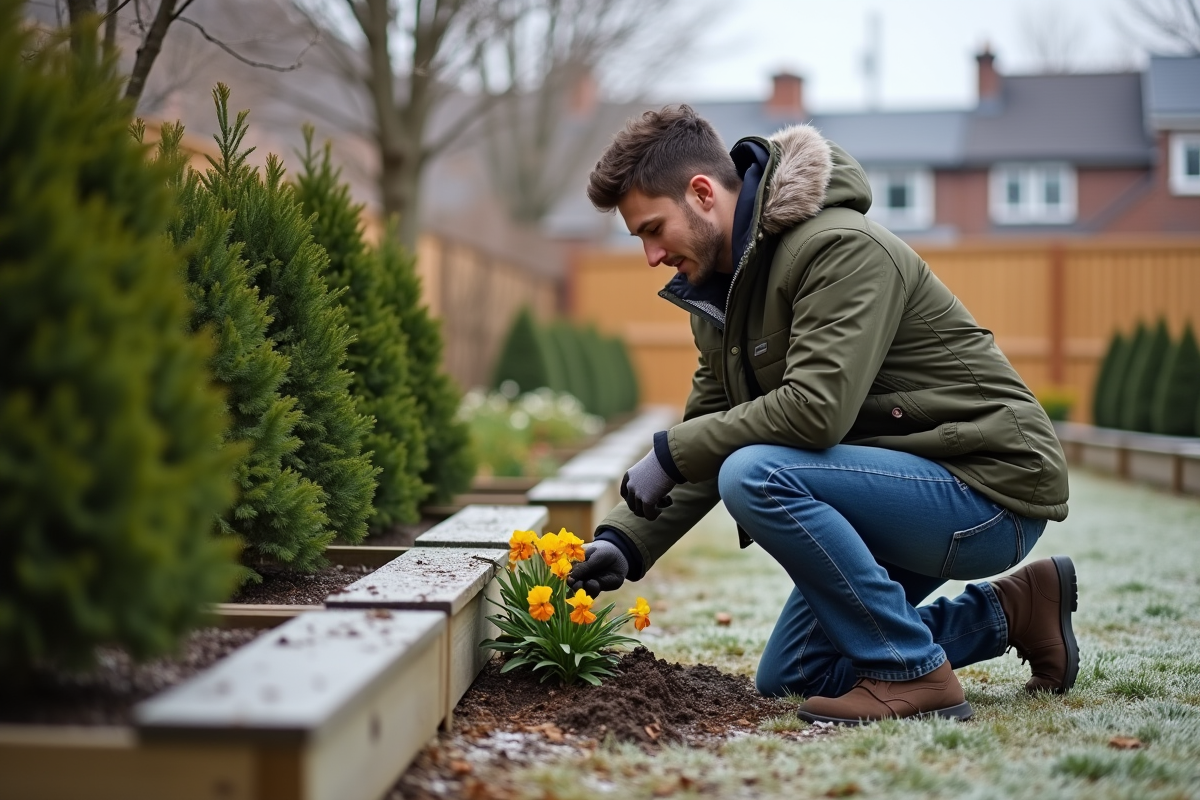 Jeune homme plantant des violas dans un jardin urbain