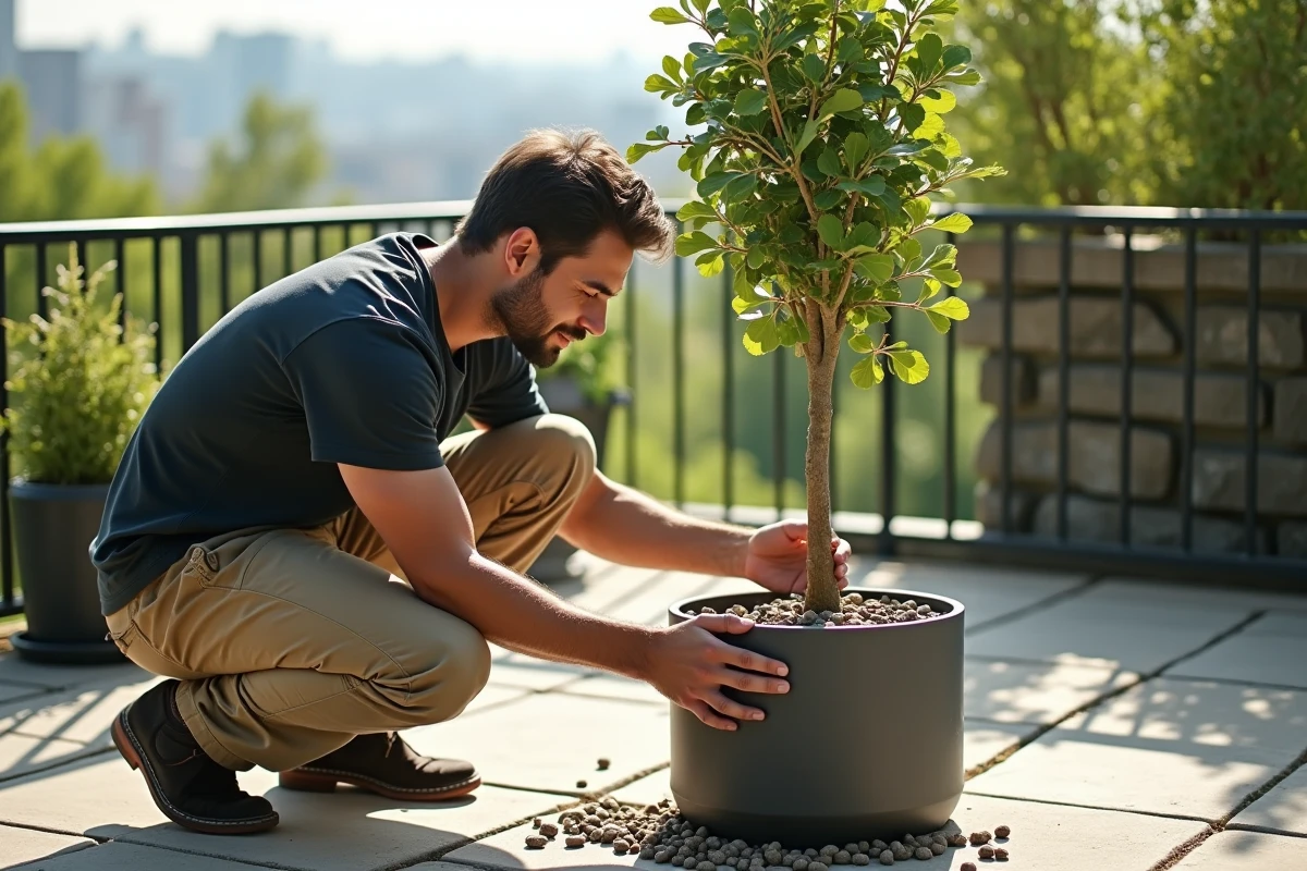 Jeune homme arrangeant des pierres autour d un figuier en terrasse