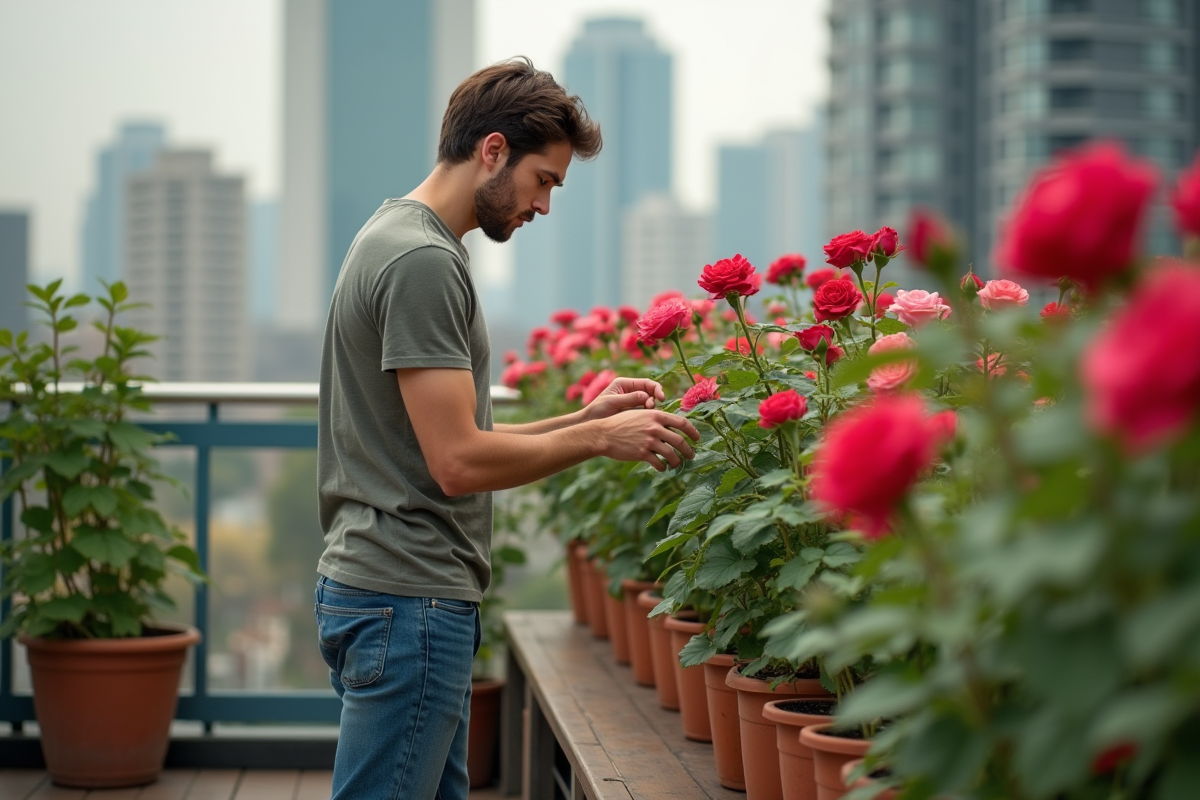 Jeune homme inspectant des rosiers sur un balcon urbain
