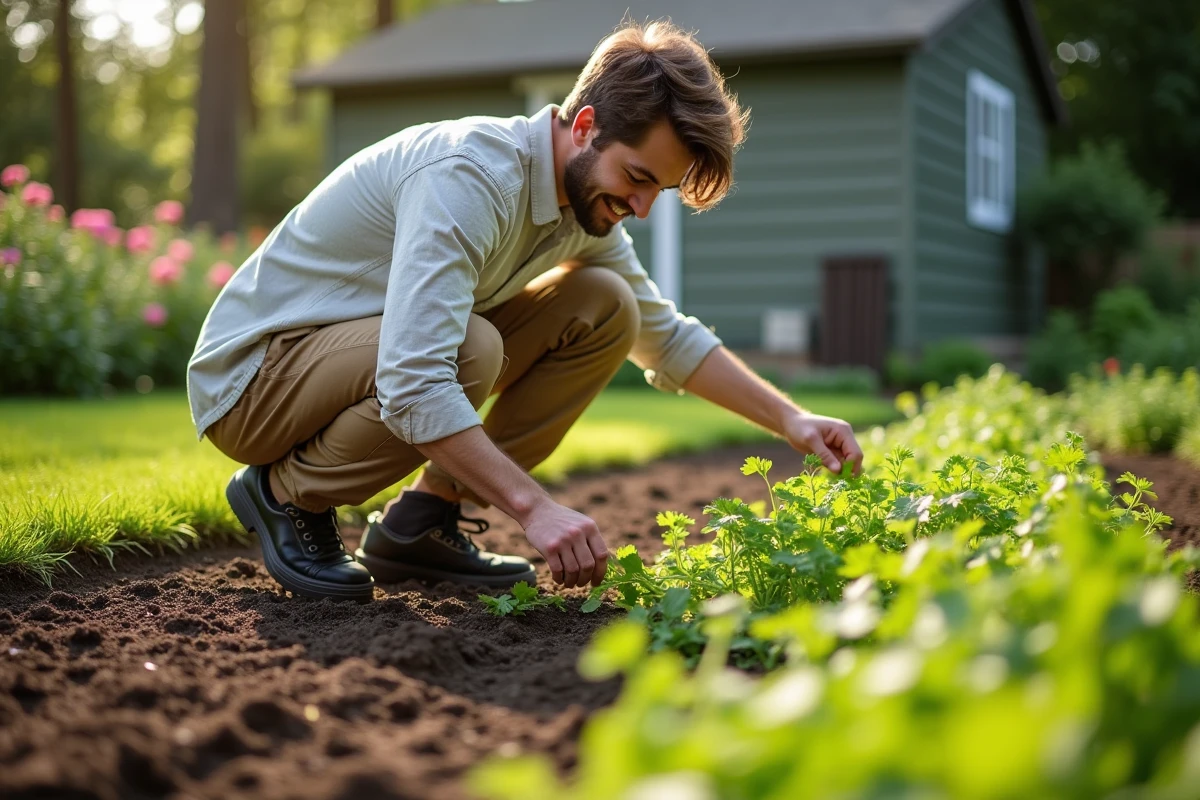 Jeune homme plantant du persil dans son jardin ensoleille