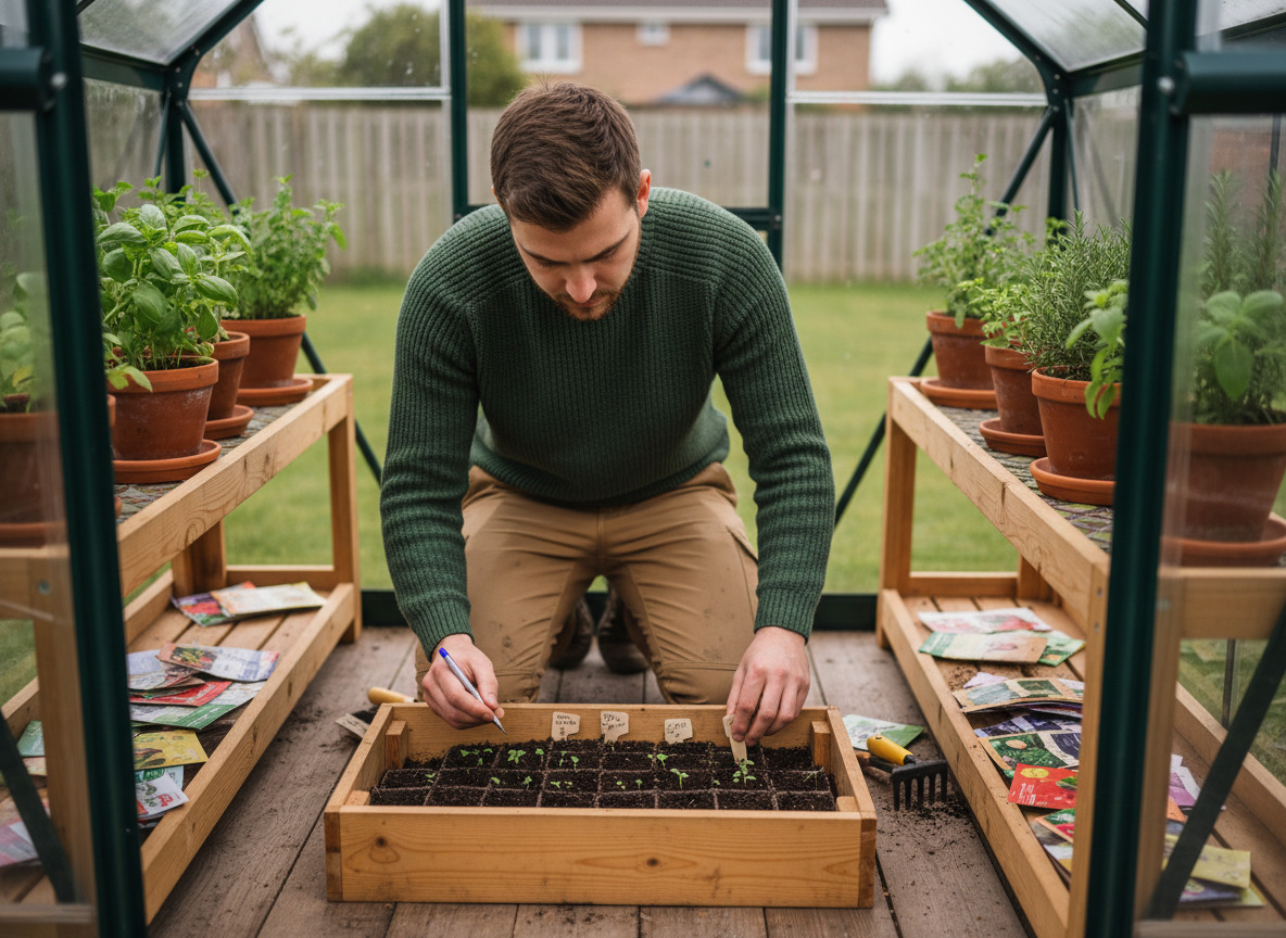 Jeune homme plantant des semis dans une serre de jardin