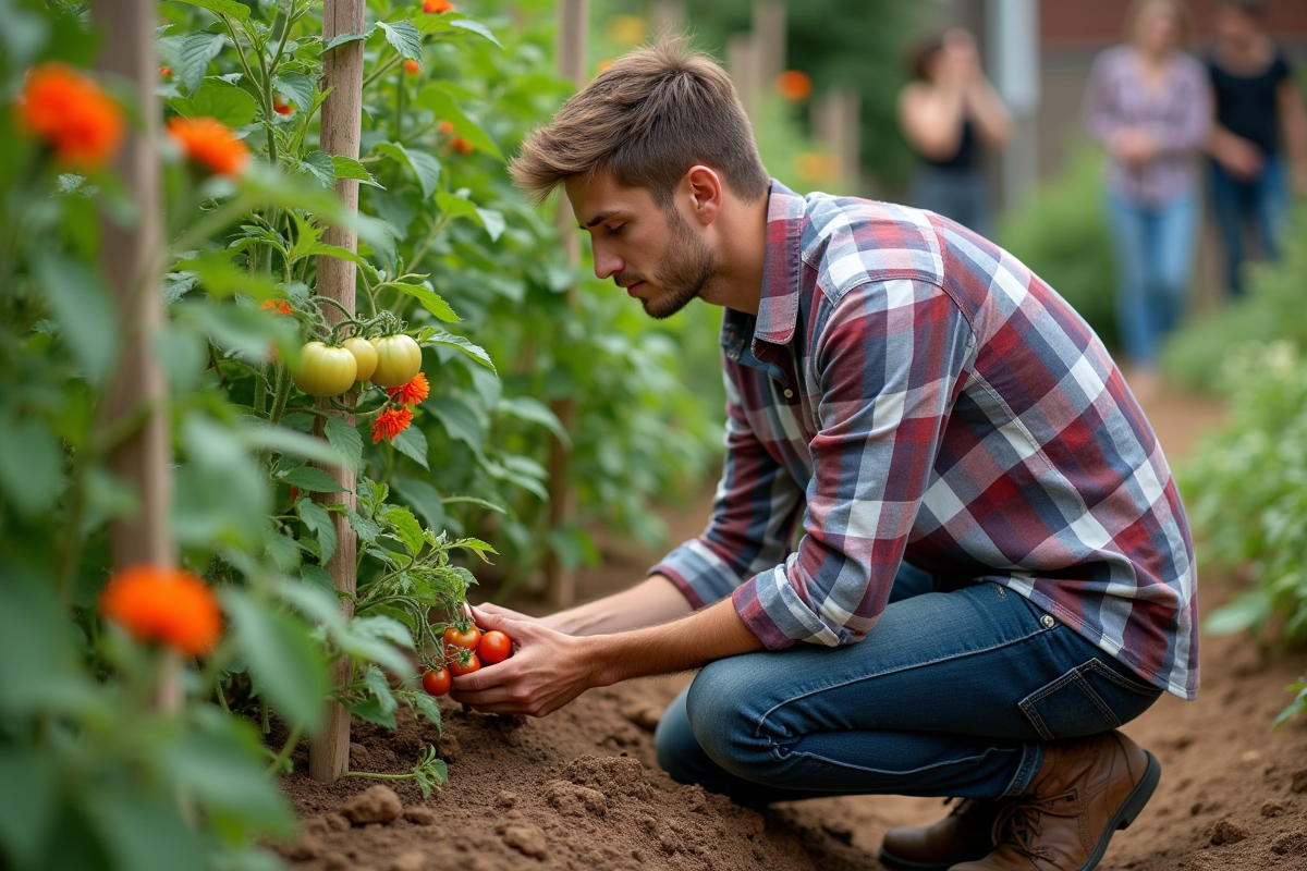 Jeune homme en chemise à carreaux dans un jardin communautaire