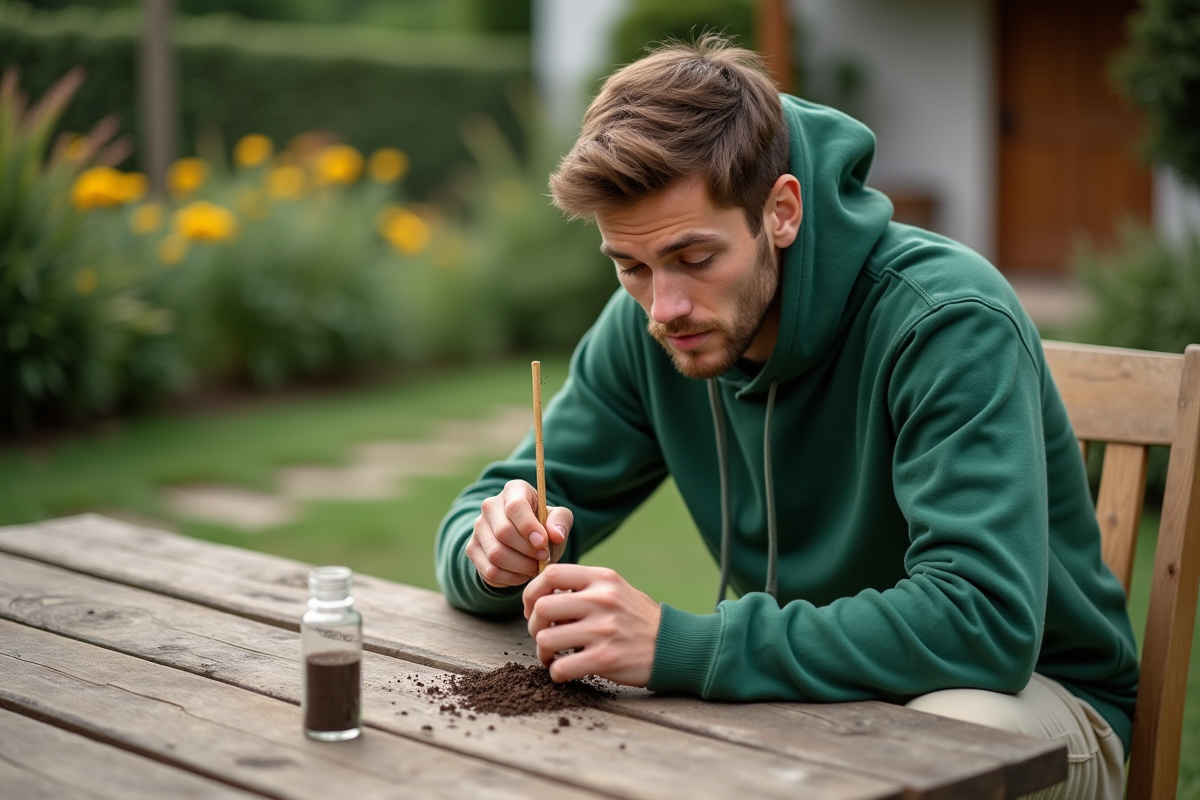 Jeune homme manipulant un échantillon de sol à la table