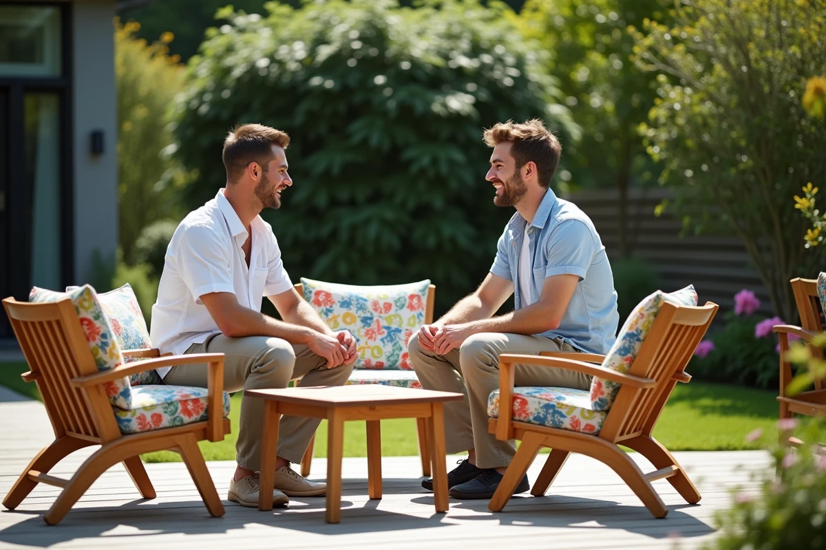 Jeunes hommes arrangeant des fauteuils en bois dans un jardin en été