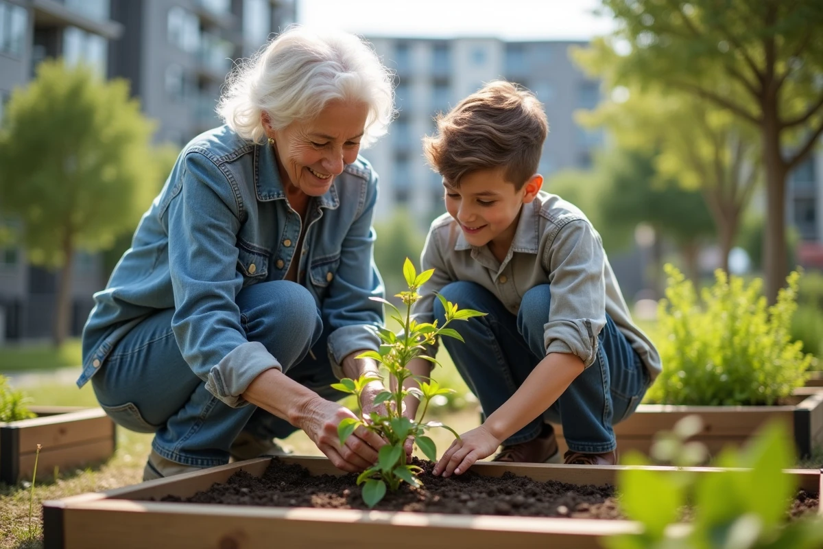 Femme âgée et enfant plantant des arbustes dans un jardin communautaire