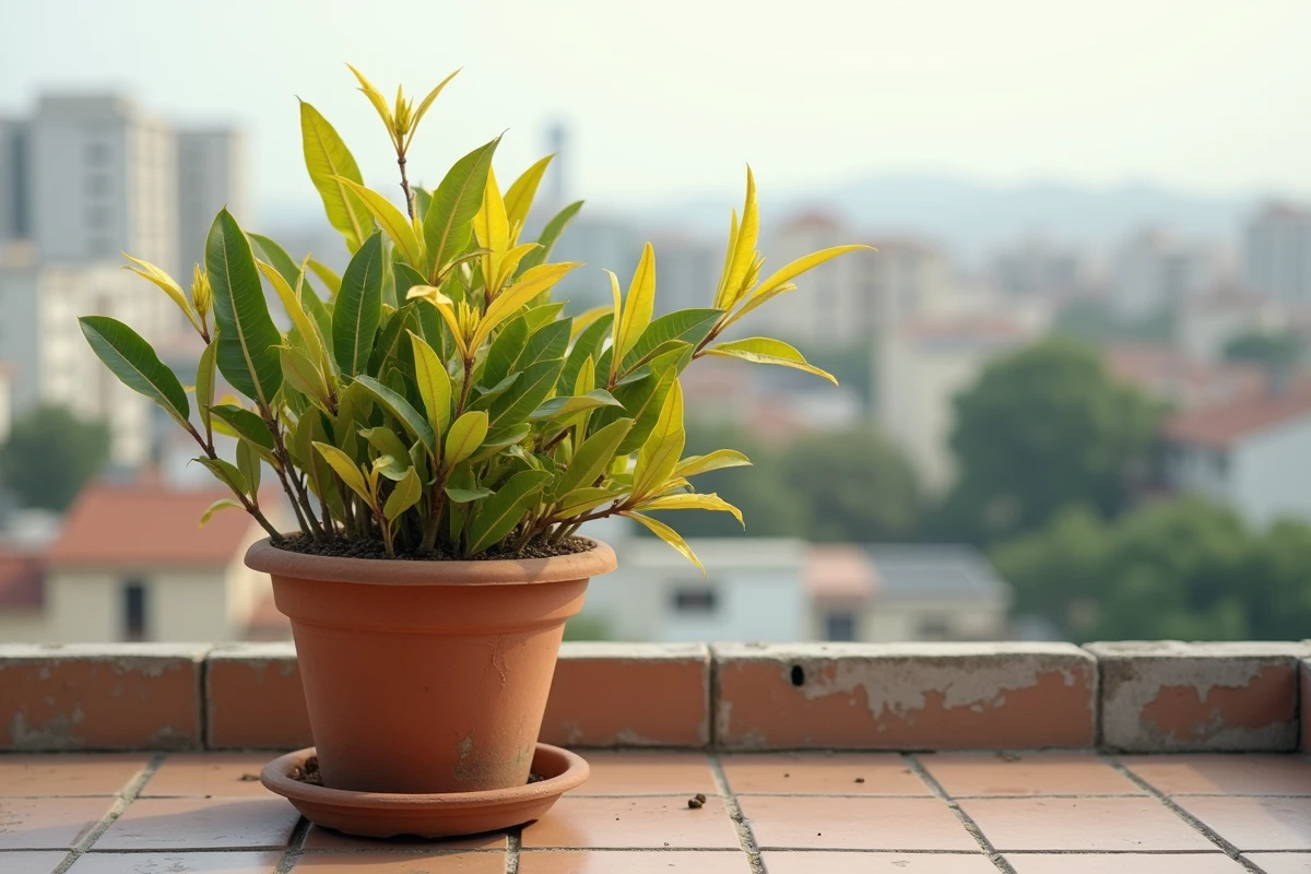 Laurier rose en pot sur balcon urbain avec feuilles jaunies et sol sec par manque d'entretien