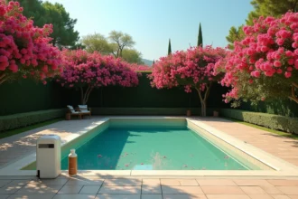 Lauriers roses en fleurs bordant une piscine traitée au chlore avec produits d'entretien posés sur le rebord carrelé