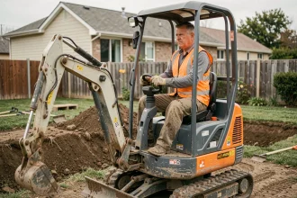 Opérateur professionnel aux commandes d'une mini pelle sur un chantier résidentiel pour illustrer la location d'engin de terrassement