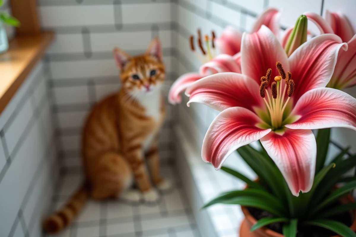 Gros plan sur les étamines pollinifères d'un lys oriental rose en pot, avec un chat roux flou en arrière-plan, soulignant le danger du pollen pour les chats
