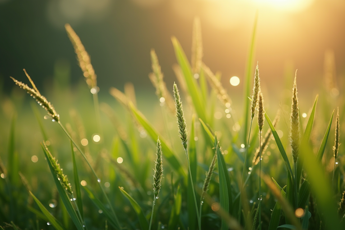 Gros plan sur des mauvaises herbes avec des gouttes de rosée