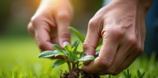 Main arrachant des herbes dans une pelouse verte