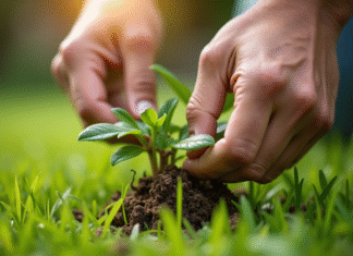 Main arrachant des herbes dans une pelouse verte